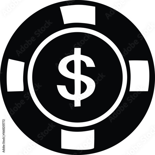 Black and white casino chip with dollar sign symbol represents gambling fortune money and financial transactions