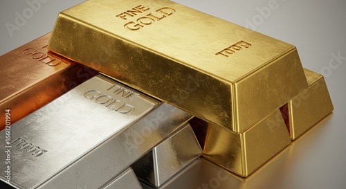 Stacked Gold, Silver, and Bronze Bullion Bars: A Symbol of Wealth and Precious Metals Investment Opportunities for the Astute Investor.