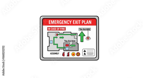 Emergency Exit Plan Sign: Fire Safety Instructions and Building Map.