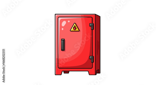 Cartoon Red Electrical Cabinet with Flame Warning Sign Isolated on White.