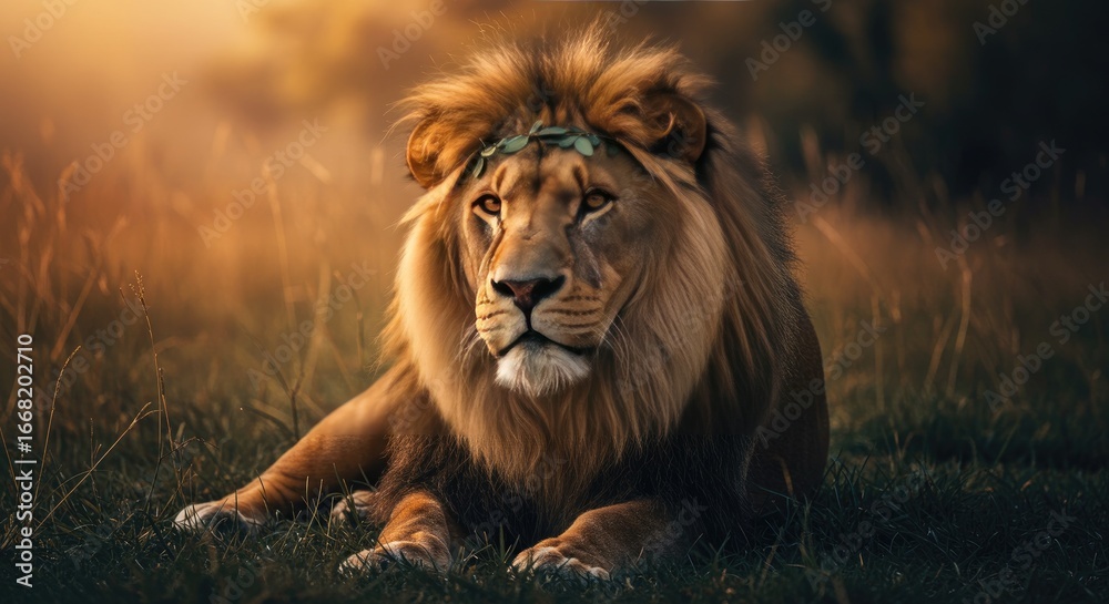 Fototapeta premium Majestic Lion with Laurel Wreath Resting in a Golden Field: A Portrait of Regal Tranquility and Natural Beauty, Radiating Warmth