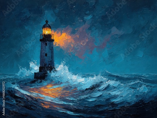 Lighthouse in a Stormy Sea at Night 