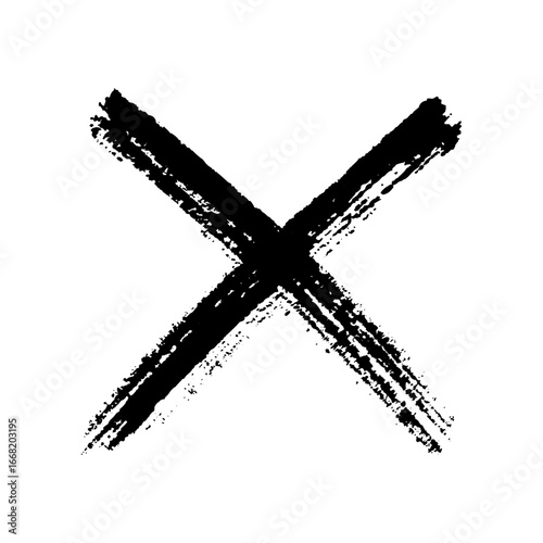 Paint brush cross sign, grunge line of watercolor. Dirty uneven hand drawn rejected. Decorative element with torn edge, rough texture. Vector illustration
