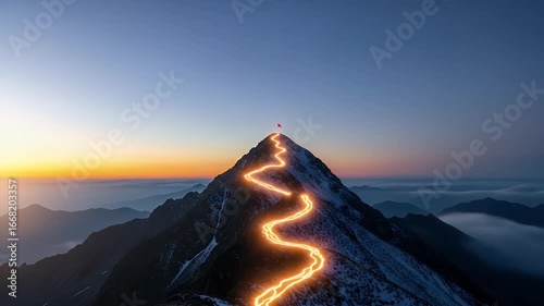 Winding luminous path leads to a flag atop a snowdusted mountain peak