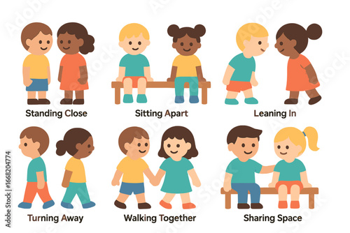 Children's Proximity Icons. Flat vector mini-illustrations Proximity and personal space in colors children's