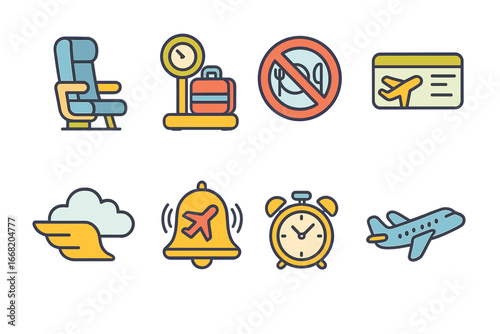 Children's Flight Icons. Flat vector mini-illustrations Budget flights and airlines in colors children's