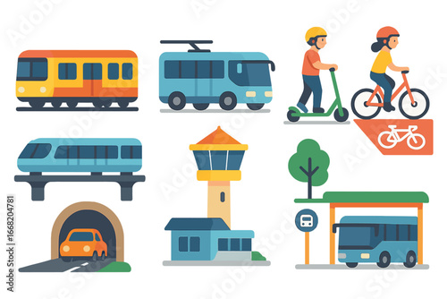 Urban Transport Icons. Flat vector mini-illustrations transportation in growing cities in colors children's