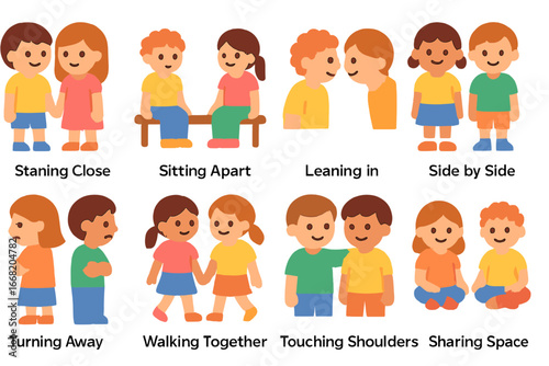 Children's Proximity Icons. Flat vector mini-illustrations Proximity and personal space in colors children's