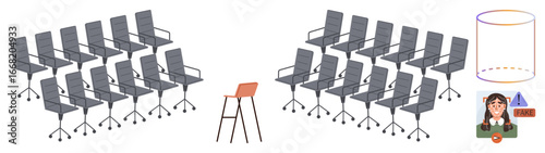Rows of vacant office chairs surround a single red stool, cylindrical diagram, and alert woman, reflecting leadership, choices, and imbalance. Ideal for teamwork, decision, leadership solitude