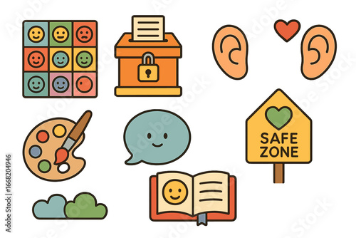 Emotion Expression Icons. Flat vector mini-illustrations expressing emotions safely at work in colors children