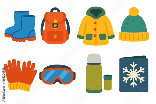 Winter Travel Essentials. Flat vector mini-illustrations winter travel essentials in colors children's