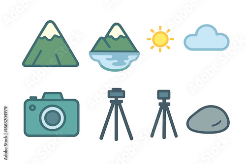 Children's Mountain Reflections. Flat vector mini-illustrations mountain reflections in colors children's