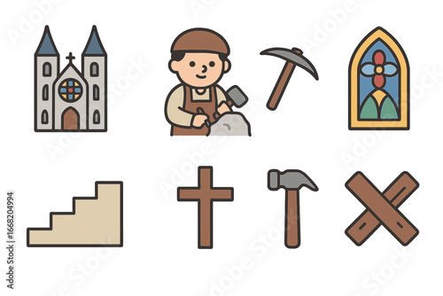 Medieval Cathedral Icons. Flat vector mini-illustrations medieval cathedral building in colors children's