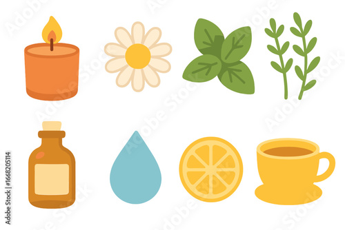 Homeopathy Relaxation Icons. Flat vector mini-illustrations homeopathy for relaxation in colors children's