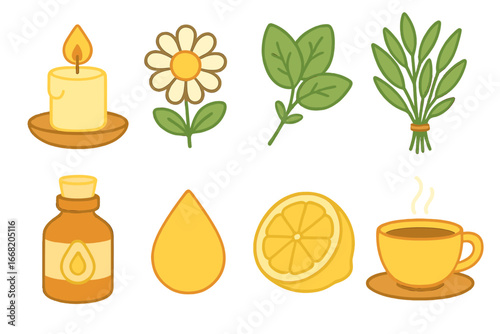 Homeopathy Relaxation Icons. Flat vector mini-illustrations homeopathy for relaxation in colors children's