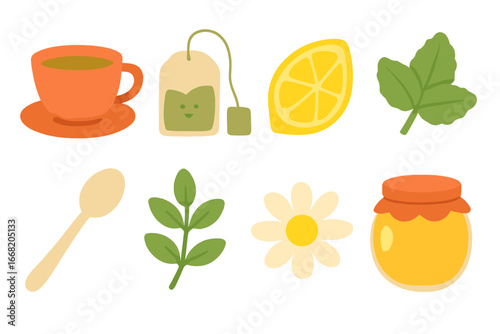 Cozy Tea Icons. Flat vector mini-illustrations relaxing herbal teas in colors children's illustrations: cup of