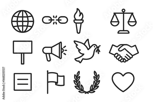 Icons of Abolition. Outline icon set of international abolition: globe, broken chain, torch, scales, protest