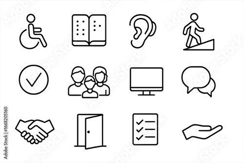 Accessibility Icons Set. Outline icon set of accessibility at work: wheelchair icon, braille book, hearing aid