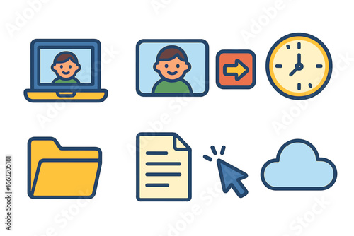 Remote Session Icons. Flat vector mini-illustrations ending remote work session in colors children's
