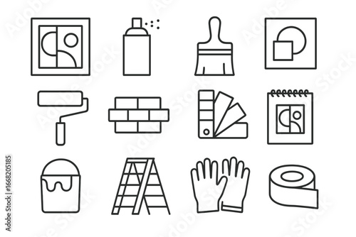 Abstract Wall Art Icons. Outline icon set of abstract wall art: geometric shapes, spray can, brush, stencil,