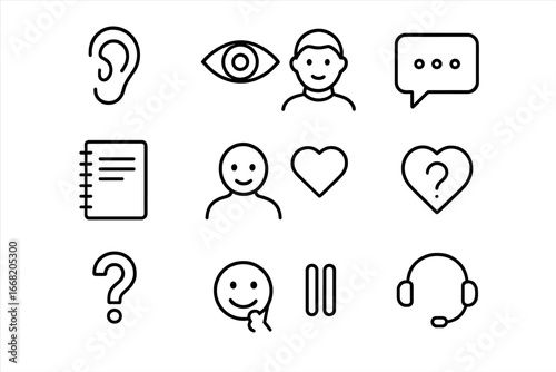 Active Listening Icons. Outline icon set of Active listening: ear, eye contact, speech bubble with dots,