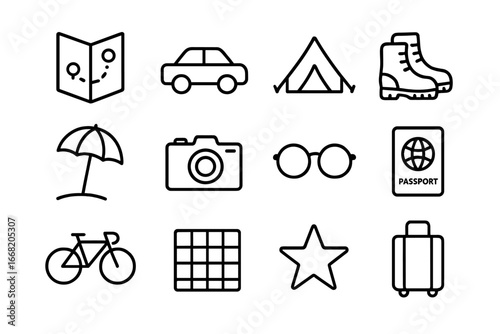 Adventure Icon Collection. Outline icon set of couple adventures: road map, car, tent, hiking boots, beach
