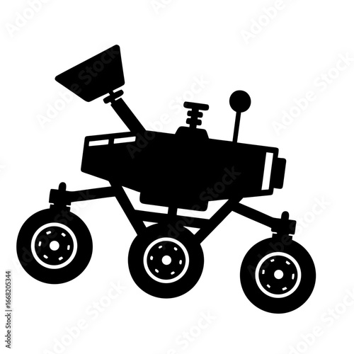 Black silhouette illustration of a space rover in bold clean vector style for lunar and Mars exploration designs,
space rover icon,
Mars rover vector,
exploration vehicle silhouette
