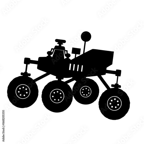 Black silhouette illustration of a space rover in bold clean vector style for lunar and Mars exploration designs,
space rover icon,
Mars rover vector,
exploration vehicle silhouette
