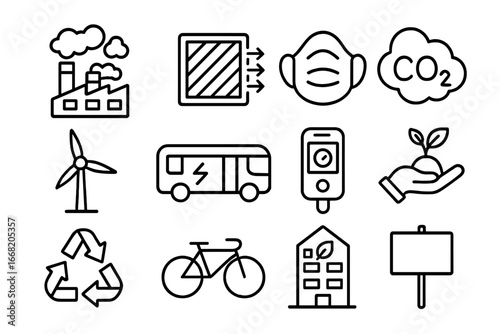 Air Pollution Control Icons. Outline icon set of air pollution control: factory emissions, air filter, mask