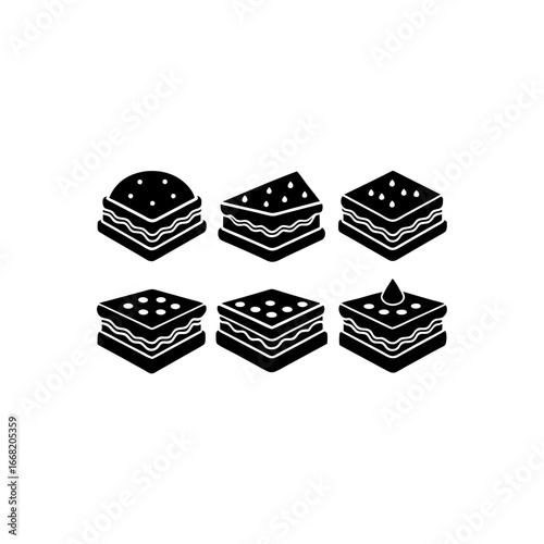 6 different lasagna slice silhouette vector icons 