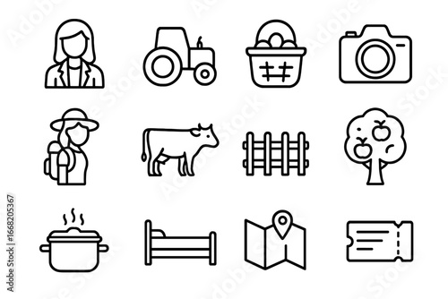 Agri-Tourism Icons Set. Outline icon set of women entrepreneurs in agri-tourism: farmhouse, tractor, basket,