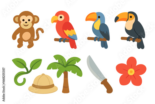Jungle Adventure Icons. Flat vector mini-illustrations Jungle expedition in colors children's illustrations: