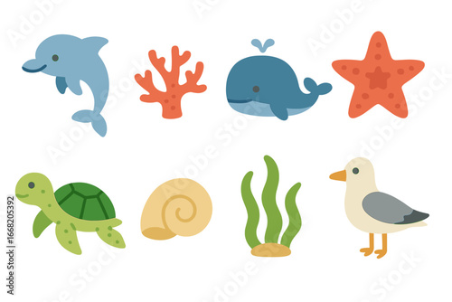 Marine Life Icons. Flat vector mini-illustrations Ocean wilderness in colors children's illustrations: dolphin