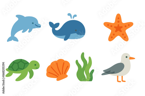 Marine Life Icons. Flat vector mini-illustrations Ocean wilderness in colors children's illustrations: dolphin