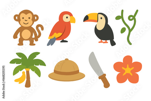 Jungle Adventure Icons. Flat vector mini-illustrations Jungle expedition in colors children's illustrations: