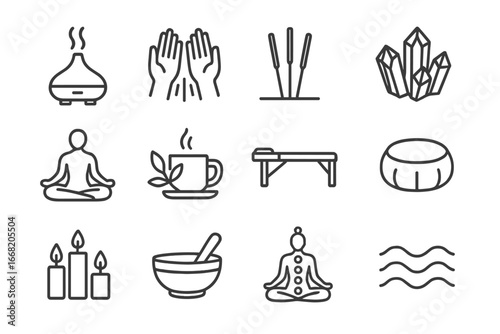 Alternative Therapy Icons. Outline icon set of alternative therapies: aromatherapy diffuser, reiki hands,