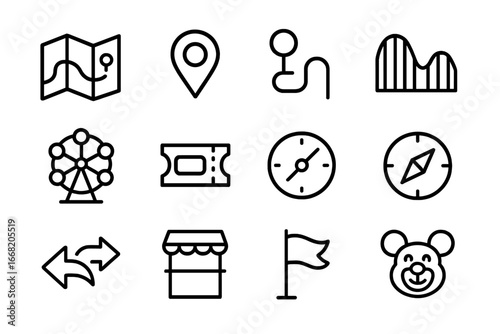 Amusement Park Icons. Outline icon set of amusement park route: map, location pin, stop marker, roller coaster