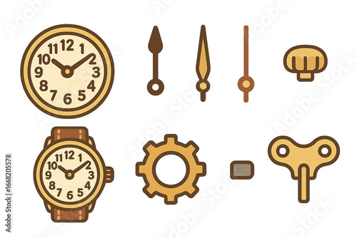 Vintage Watch Illustrations. Flat vector mini-illustrations Vintage mechanical watches close-up in colors