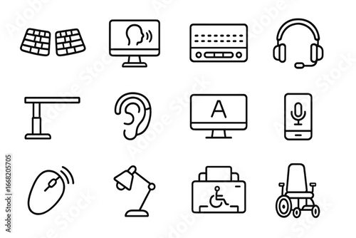 Assistive Tech Icons. Outline icon set of assistive technologies in offices: ergonomic keyboard, screen reader