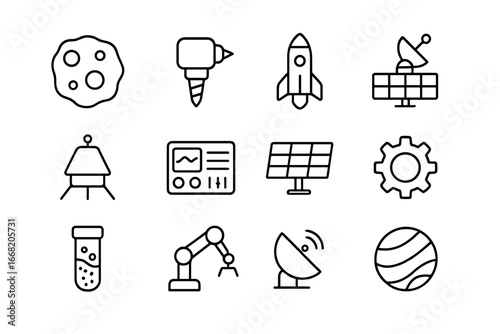 Asteroid Mining Icons. Outline icon set of asteroid mining: asteroid, drill, rocket, satellite, space probe,