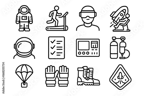 Astronaut Training Icons. Outline icon set of astronaut training: space suit, treadmill, VR headset, rocket