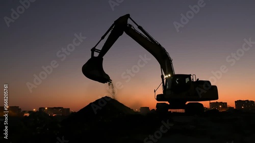 Excavator Silhouette at Sunset: Powerful Construction Machinery at Dusk