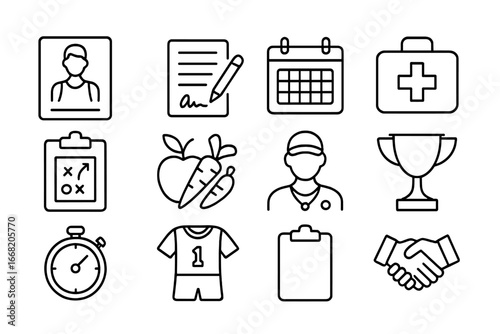 Athlete Management Icons. Outline icon set of Athlete management: athlete profile, contract, calendar, medical