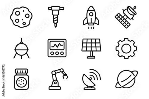 Asteroid Mining Icons. Outline icon set of asteroid mining: asteroid, drill, rocket, satellite, space probe,