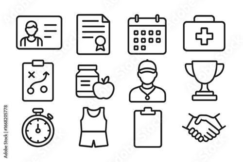 Athlete Management Icons. Outline icon set of Athlete management: athlete profile, contract, calendar, medical