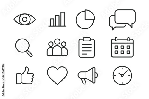Audience Analysis Icons. Outline icon set of audience behavior analysis: eye, bar chart, pie chart, speech