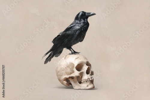 Crow Skull. Black Bird Perched on Skull Symbolizing Death in Nature