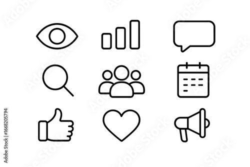 Audience Analysis Icons. Outline icon set of audience behavior analysis: eye, bar chart, pie chart, speech