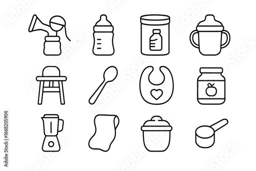 Baby Feeding Essentials Icons. Outline icon set of baby feeding essentials: breast pump, baby bottle, formula