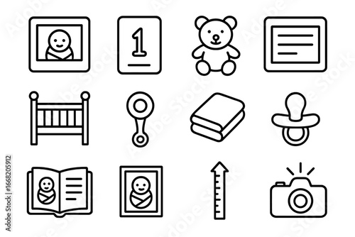 Baby Milestone Icons. Outline icon set of baby milestone photography: baby photo, month card, soft toy,